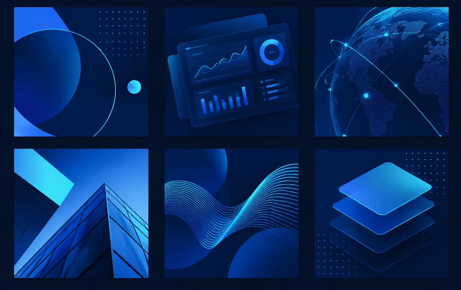 Grid of concept social media graphics in navy and cyan